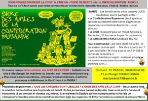 Bière de soutien aux Ami.e.s de la Conf’, Collectif pour Un Projet Agricole à Technolac et lutte contre l’A412 (en 74)